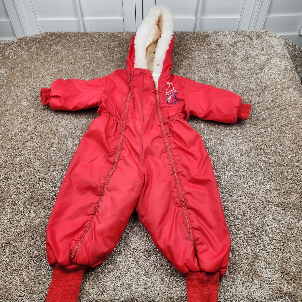 Vintage Sears Red Snowsuit 12-18 Months Winter Outfit Padded Hooded